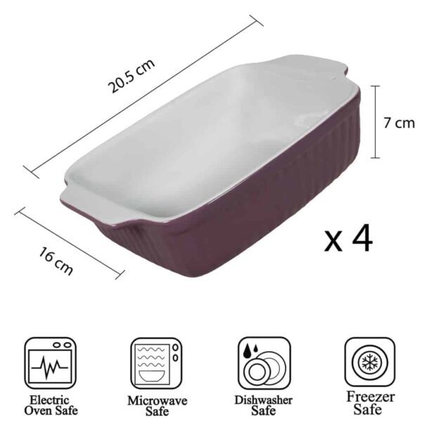 Set of 4 heat-resistant tray, Rectangular, 20.5x16x7 cm, Glossy White and purple