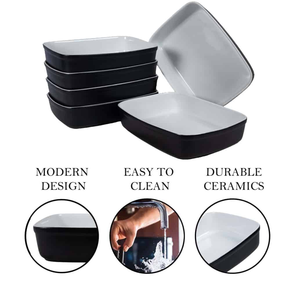 Set of 6 heat-resistant tray, Rectangular, 25x22x6.5 cm, Glossy White and Black