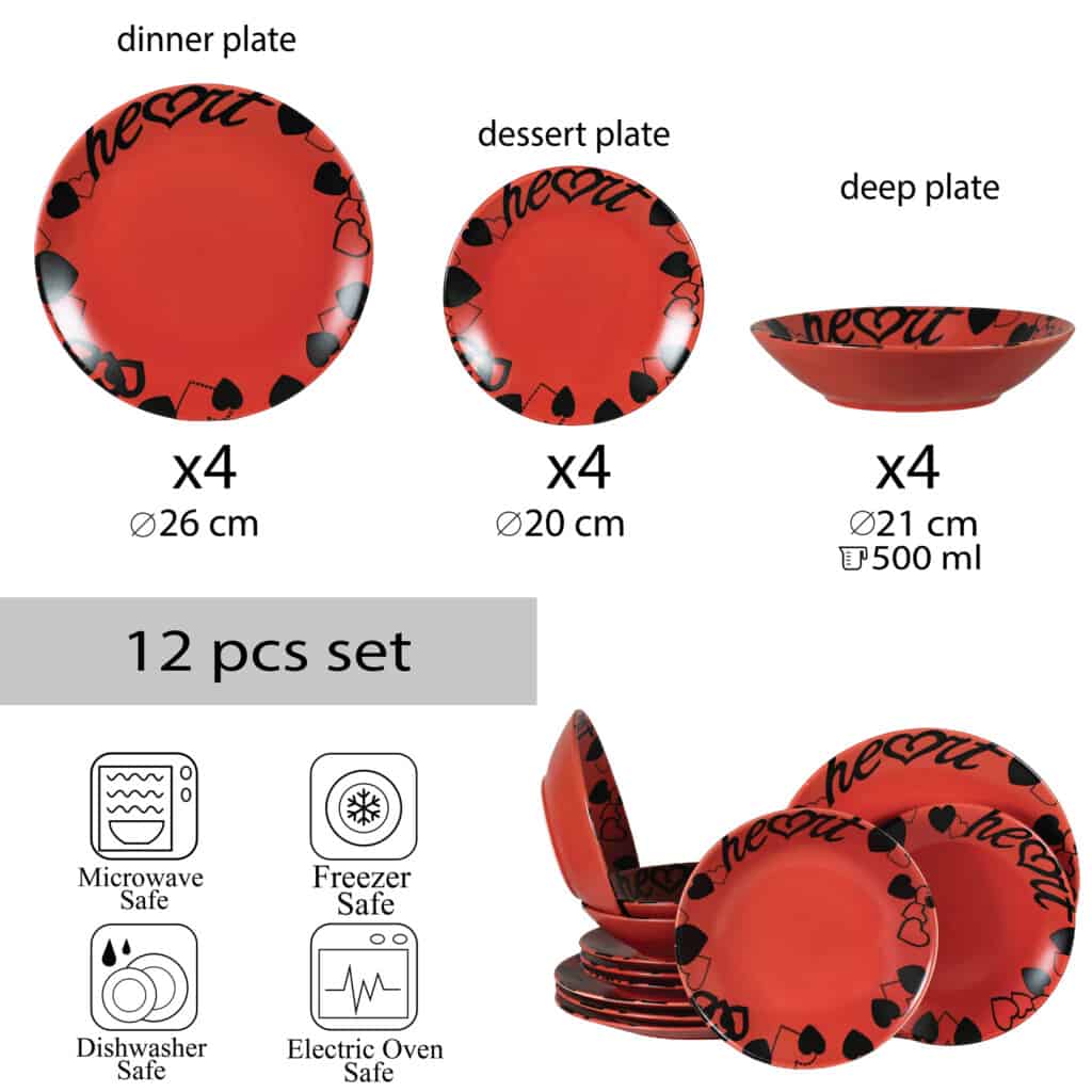 Dinner set for 4 people, with deep plate, Round, Matte Red decorated with Heart