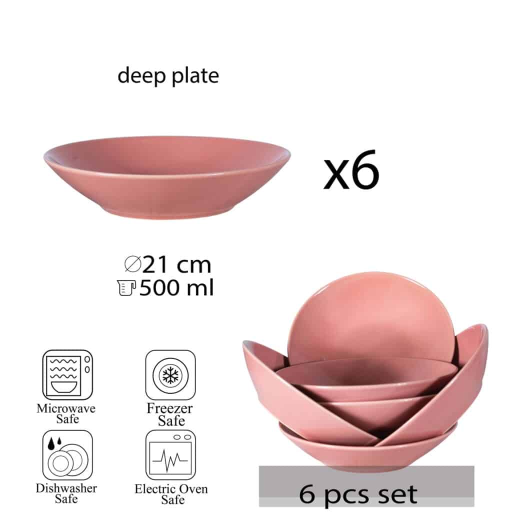 Set of 6 deep plate, Round, 21 cm, Matte Pink