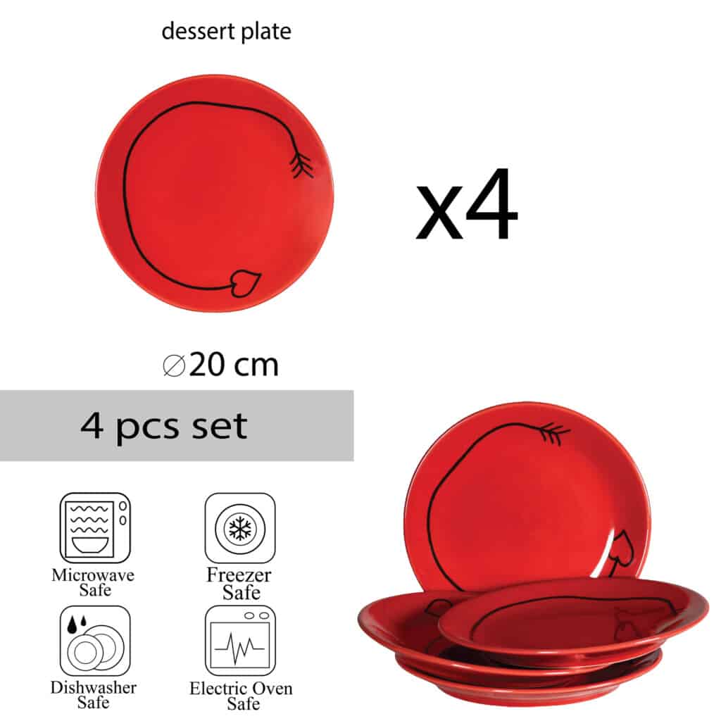 Set of 4 dessert plate, Round, 20 cm, Glossy Red decorated with cupid's arrow