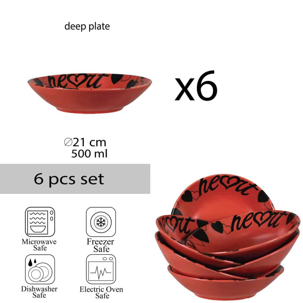 Set of 6 deep plate, Round, 21 cm, Matte Red decorated with Heart
