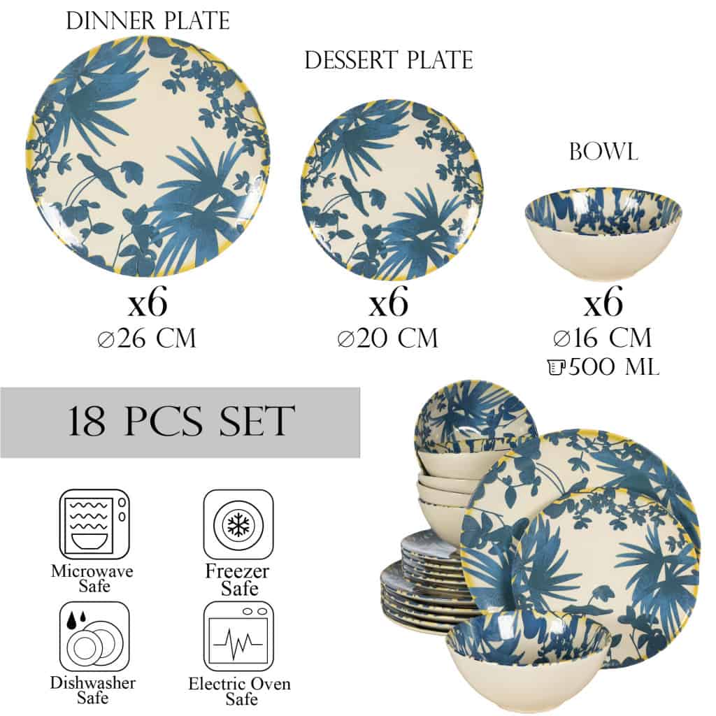 Dinner set for 6 people, with bowl, Round, Glossy Ivory decorated with blue leaves