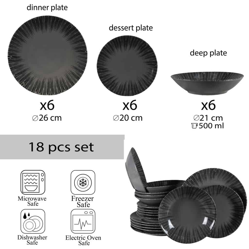 Dinner set for 6 people, with deep plate, Round, Glossy Gray decorated with sunshines