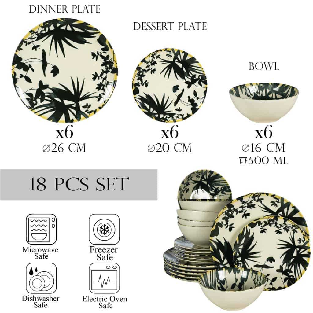 Dinner set for 6 people, with bowl, Round, Glossy Ivory decorated with black leaves