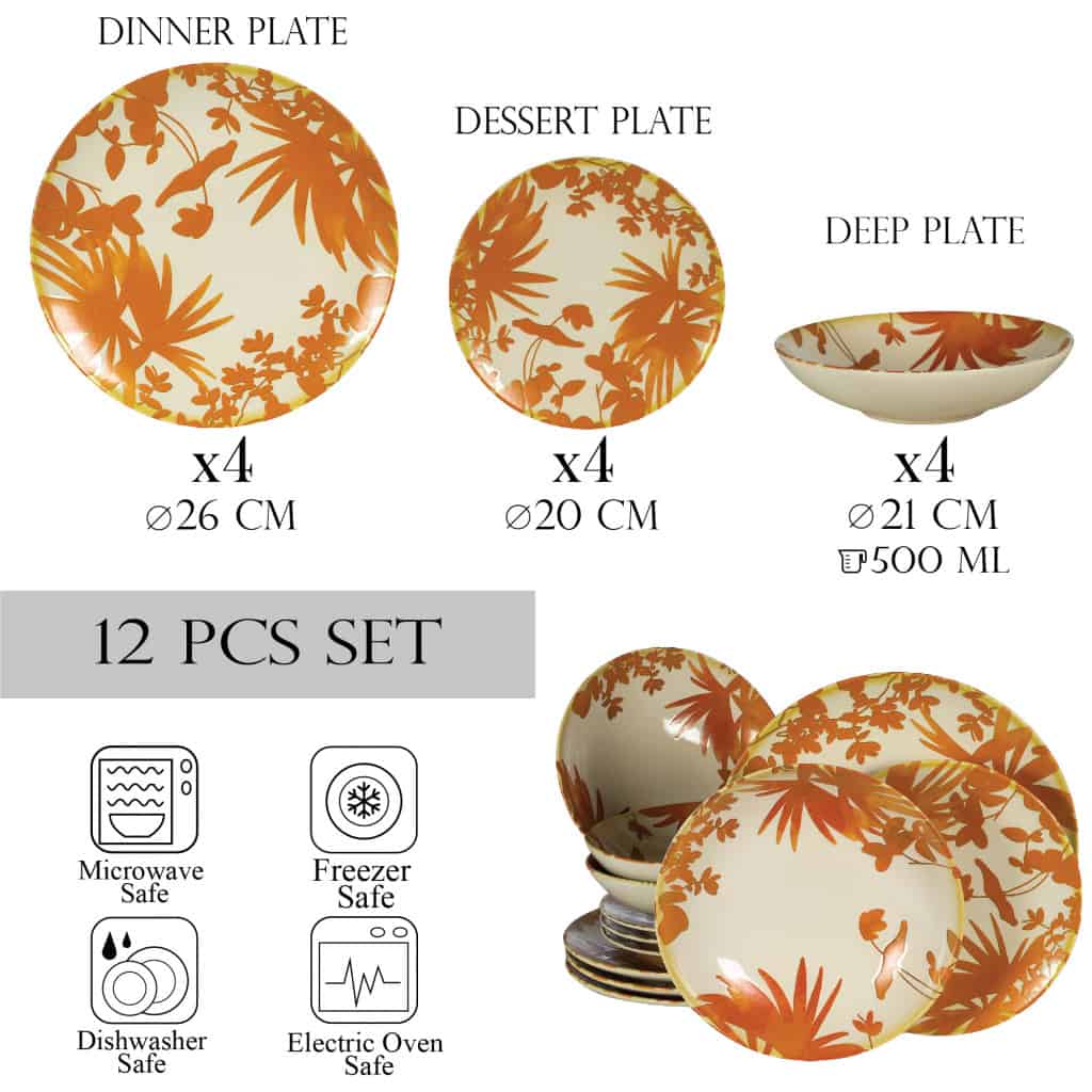 Dinner set for 4 people, with deep plate, Round, Glossy Ivory decorated with orange leaves