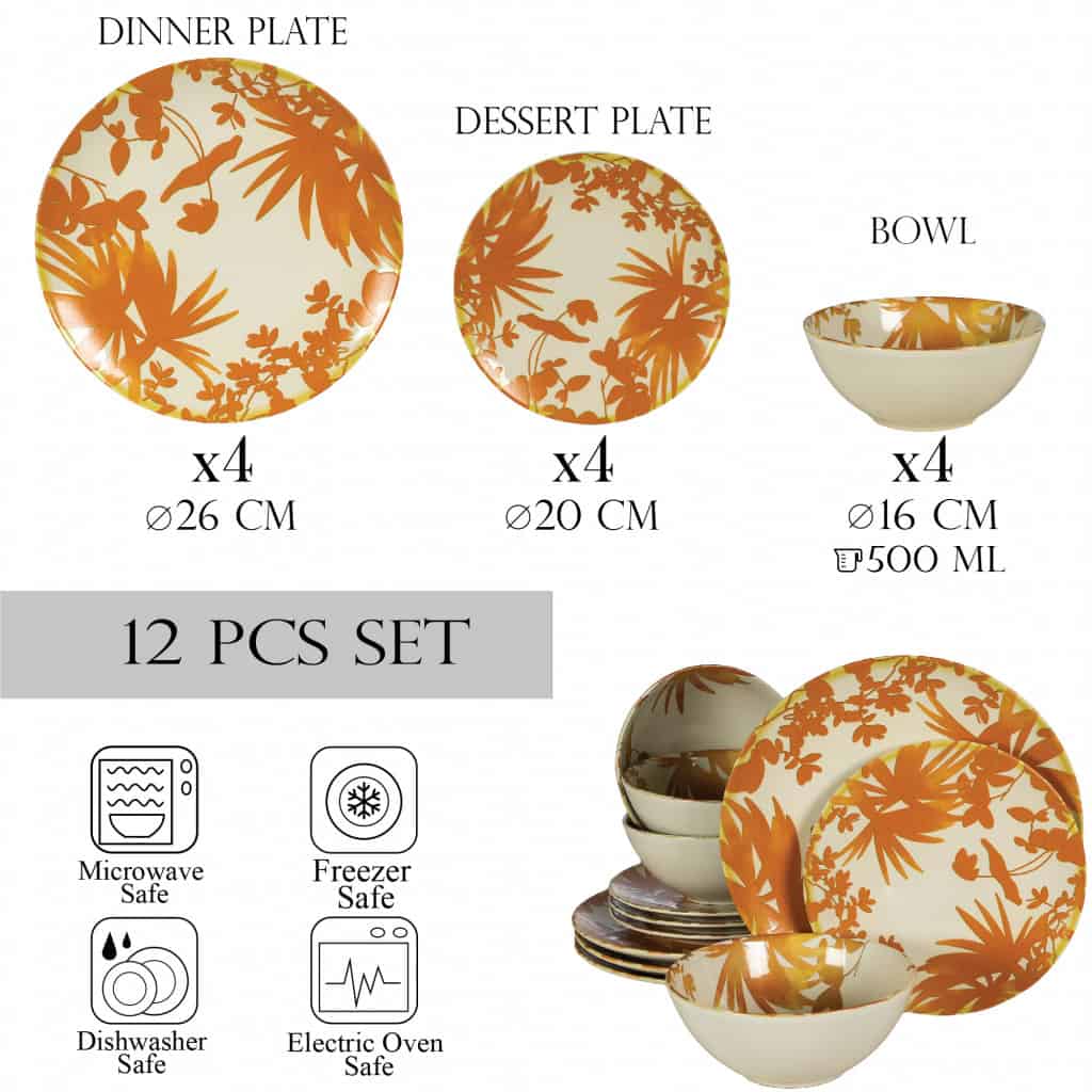 Dinner set for 4 people, with bowl, Round, Glossy Ivory decorated with orange leaves
