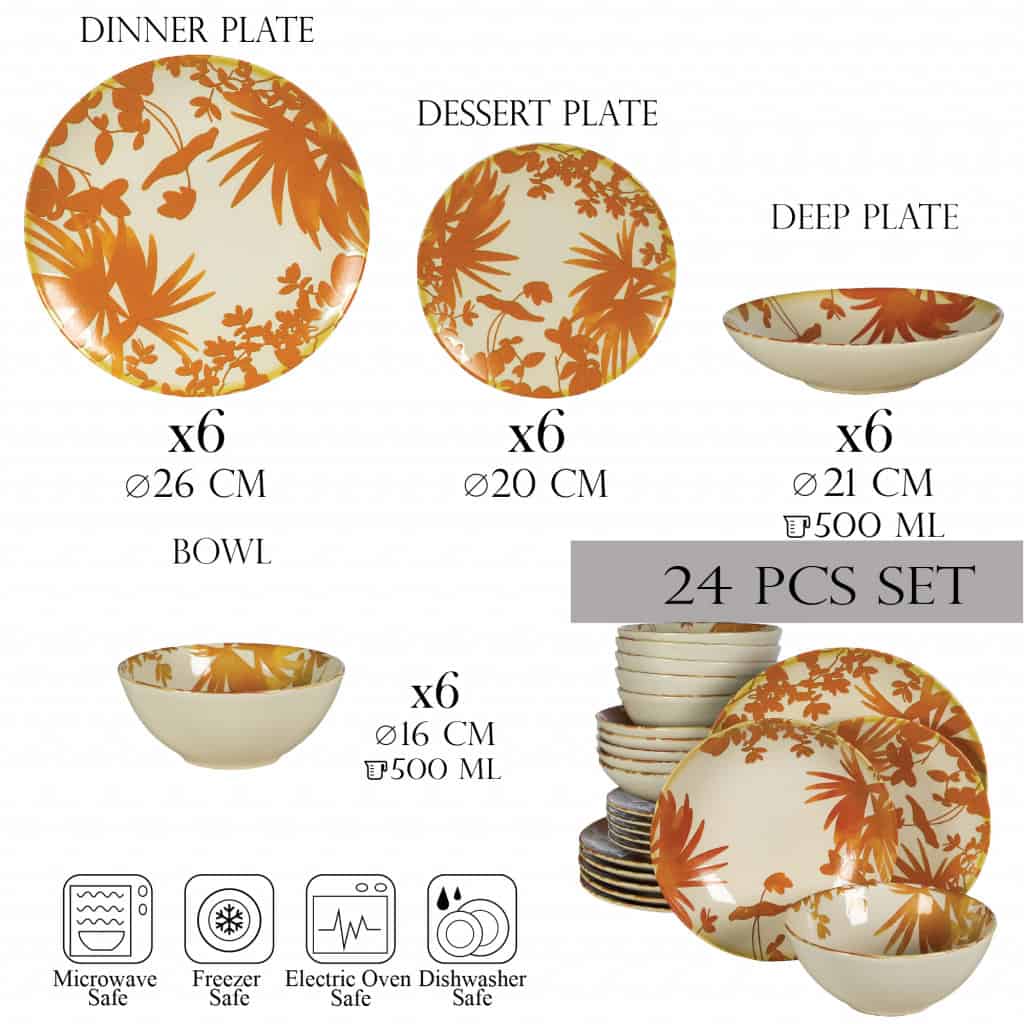 Dinner set for 6 people, with deep plate and bowl, Round, Glossy Ivory decorated with orange leaves
