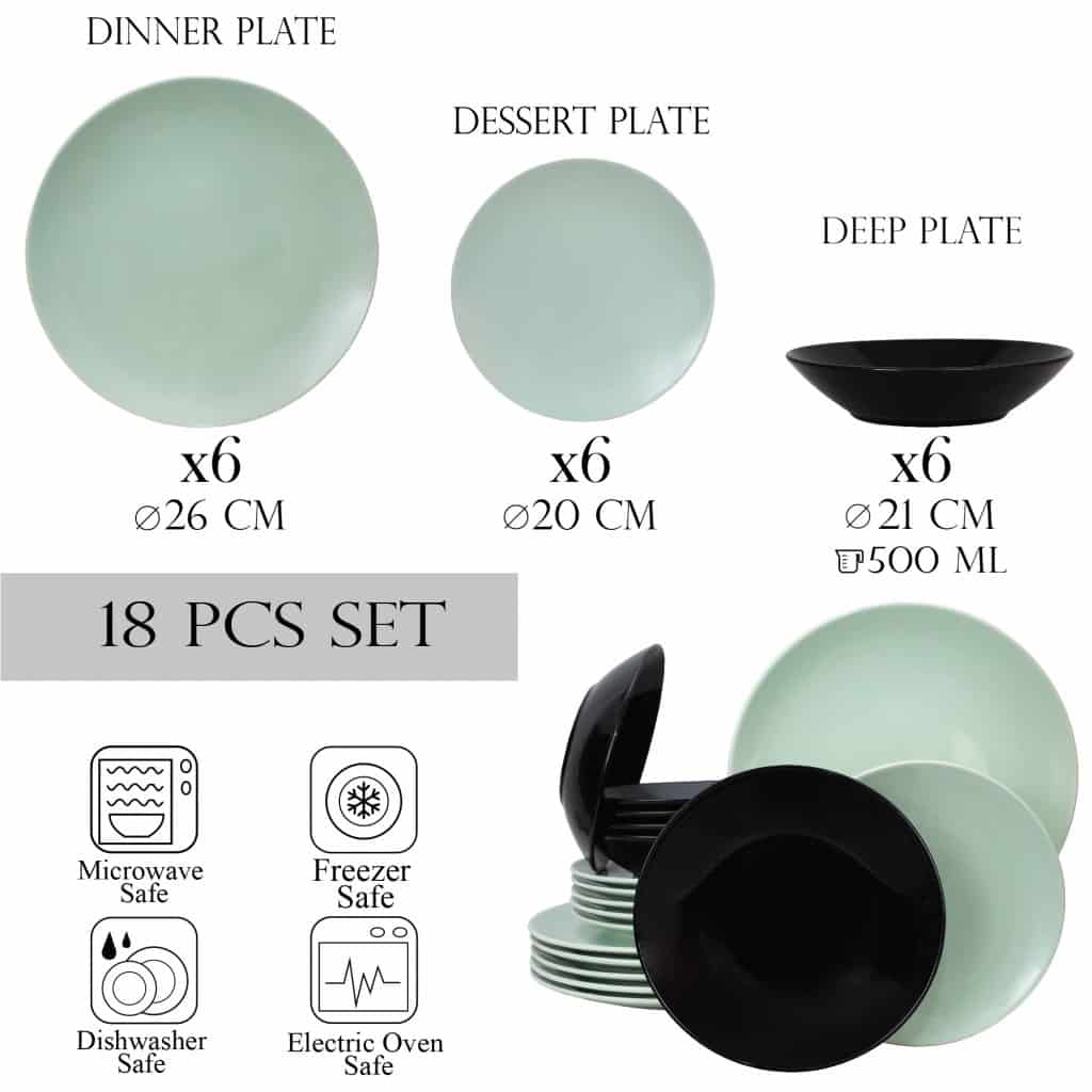 Dinner set for 6 people, with deep plate , Round, Glossy Black/Light Peppermint Green