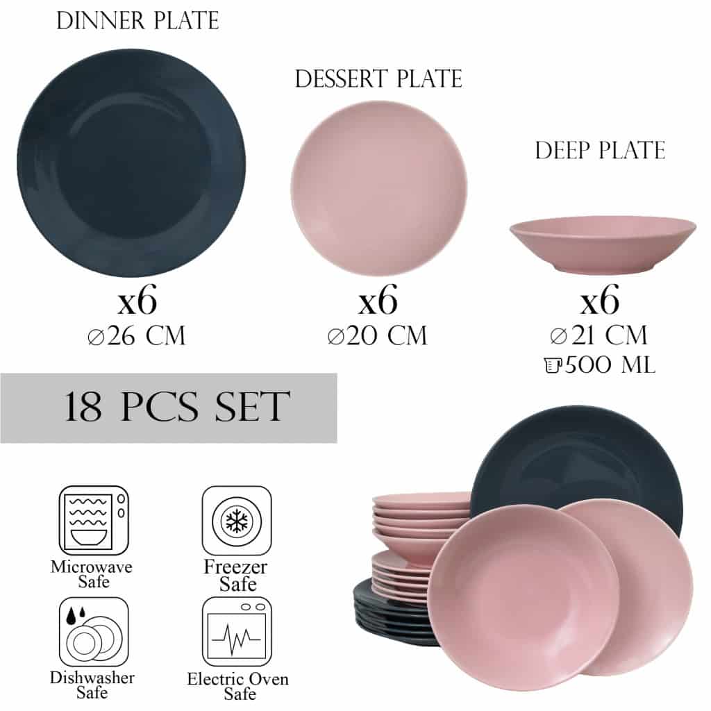 Dinner set for 6 people, with deep plate , Round, Glossy Dark Gray/Light Pink