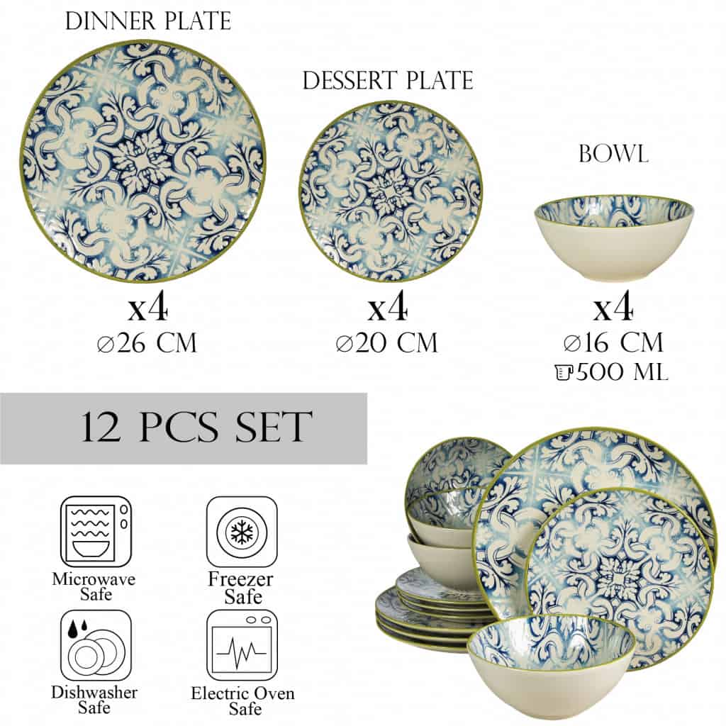 Dinner set for 4 people, with bowl, Round, Glossy Ivory decorated with marocco design