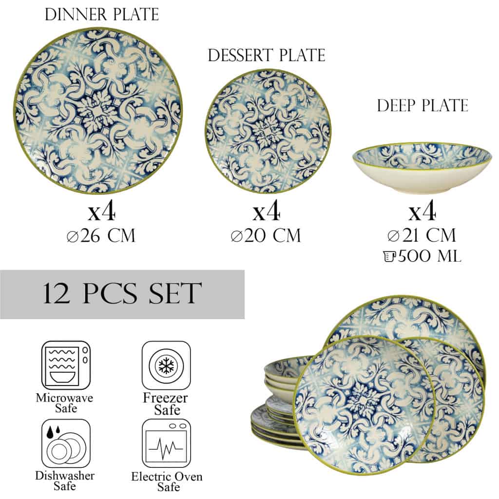 Dinner set for 4 people, with deep plate, Round, Glossy Ivory decorated with marocco design