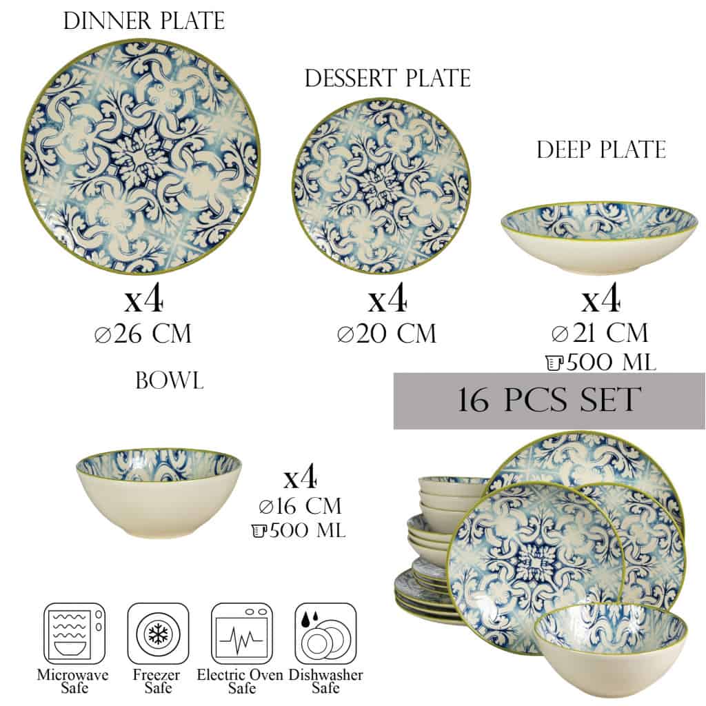 Dinner set for 4 people, with deep plate and bowl, Round, Glossy Ivory decorated with marocco design