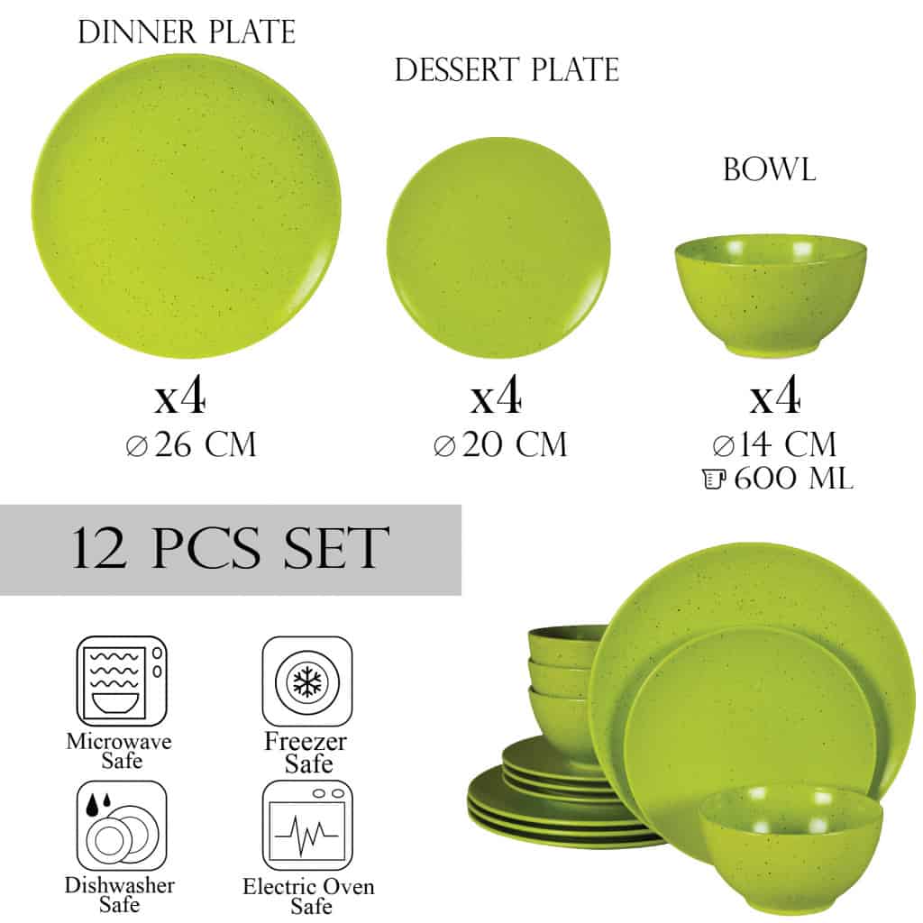 Set de masă pentru 4 persoane, cu boluri, rotund, verde lime mat cu puncte negre