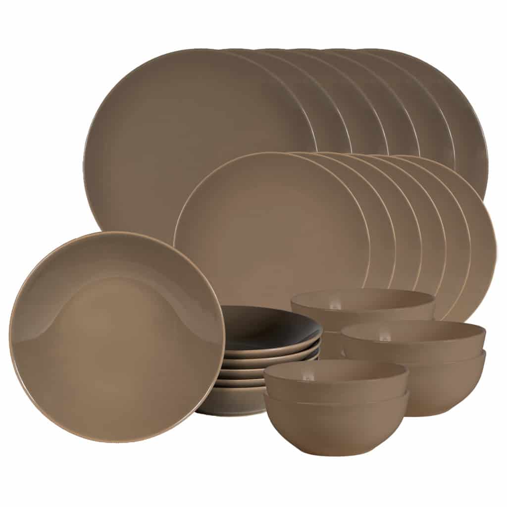 Dinner set for 6 people, with deep plate and bowl, Round, Glossy Brown