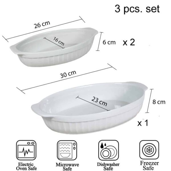 Set of 3 heat-resistant tray, Oval, Mixed Size, Glossy White