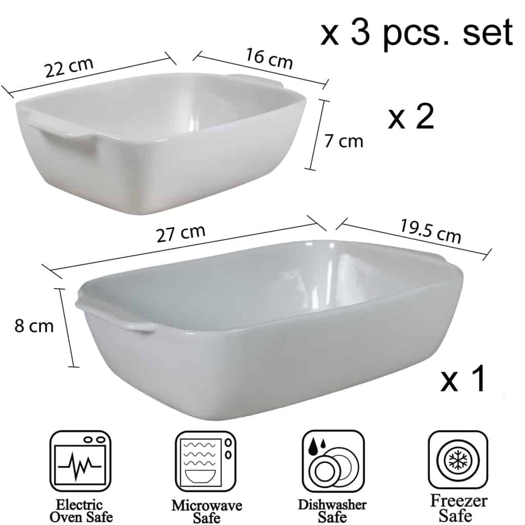 Set of 3 heat-resistant tray, Rectangular, Mixed size, Glossy White
