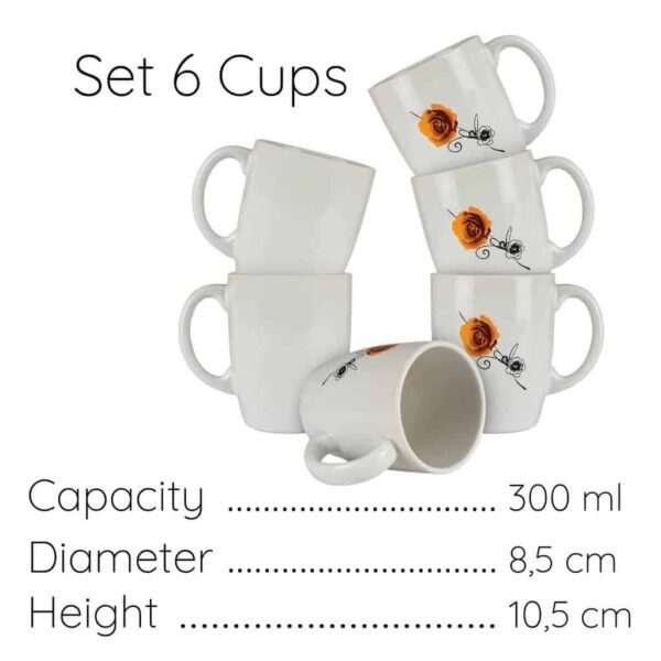 Set 6 Mugs, 300 ml, Glossy White with Rose