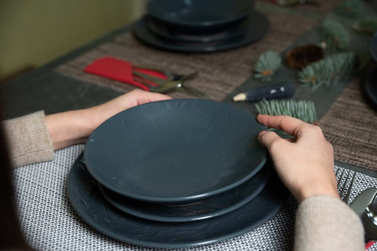 Dinner set for 6 people, Cesiro, Glossy Anthracite Gray, Embossed Marble