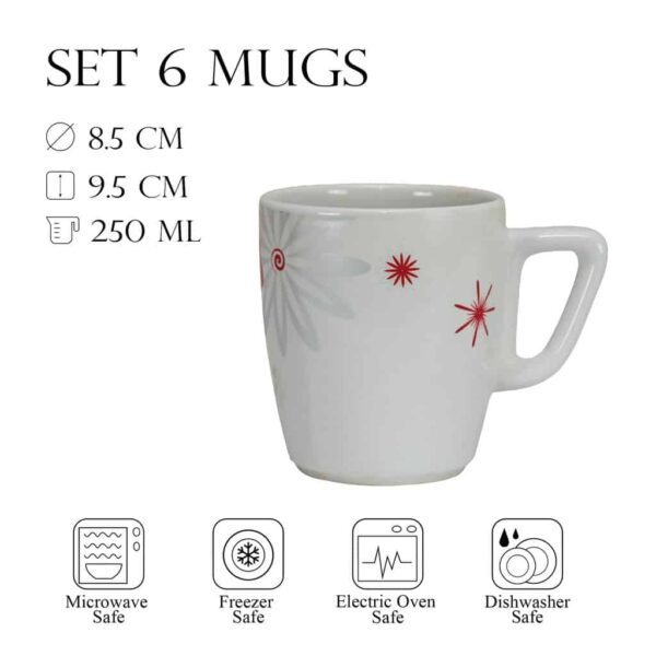 Set of 6 cups, Cesiro, 250 ml, White with stars and flowers
