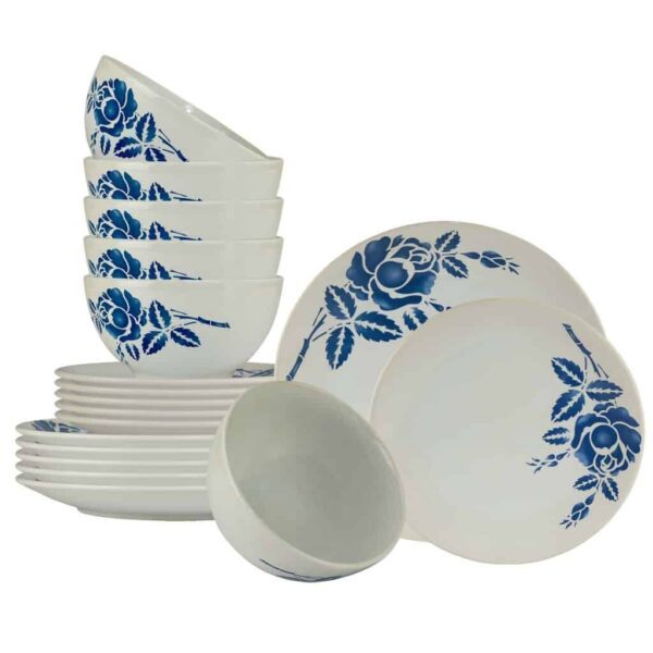 Dinner set for 6 people with bowl, Round, Glossy White with Blue Rose