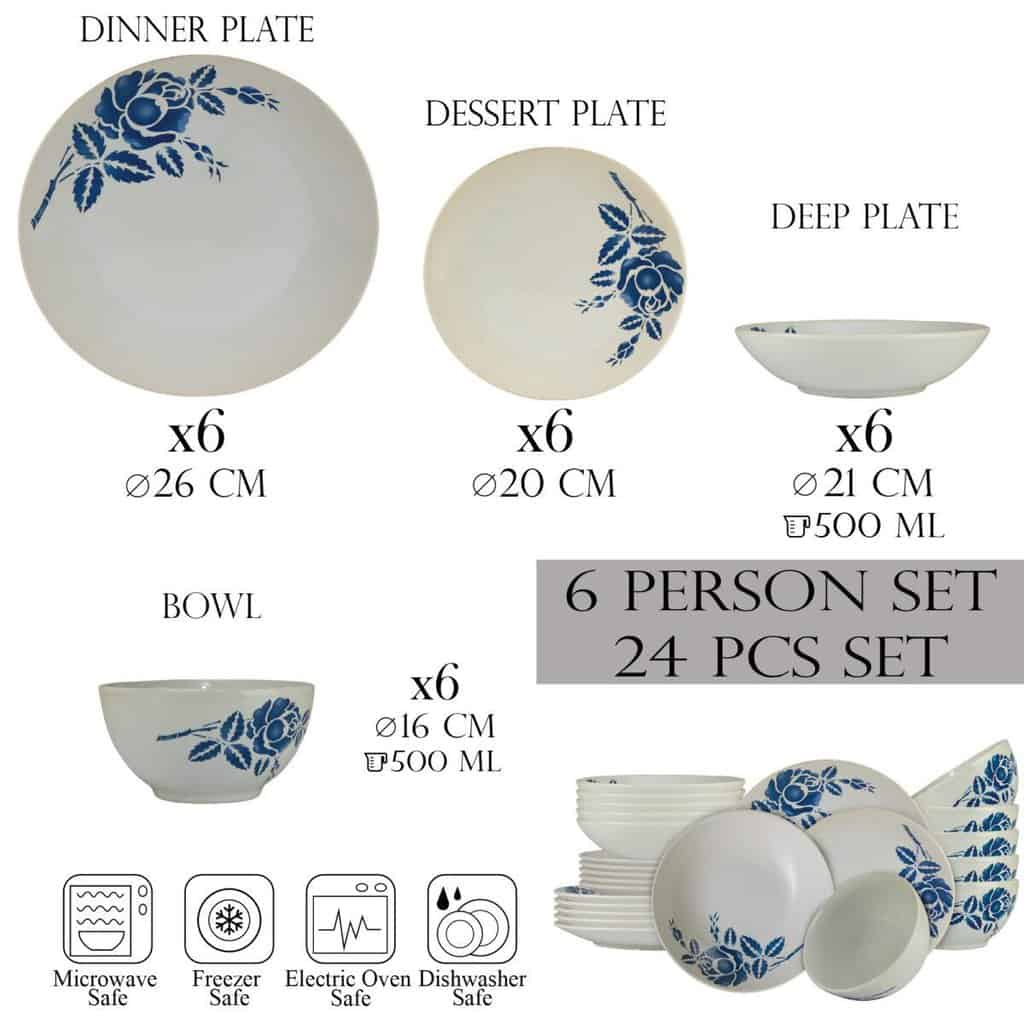 Dinner set for 6 people, Round, Glossy White with Blue Rose