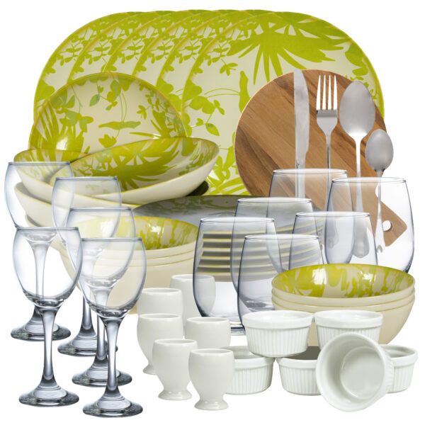 Kitchen set, Cesiro, for 6 people, 73 pieces, Ivory White with green leaves