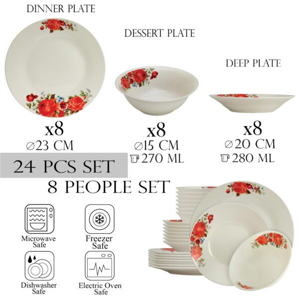 Dinnerware Set, 24 pieces, for 8 people, Cesiro, Ivory with red rose