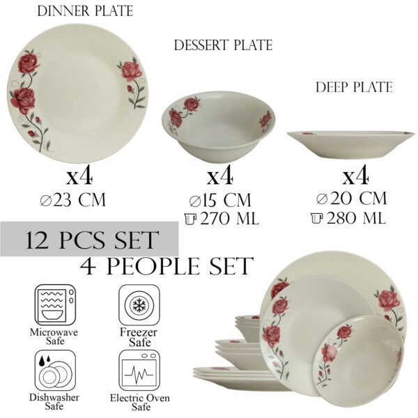Dinnerware Set, 12 pieces, for 4 people, Cesiro, Ivory with pink rose