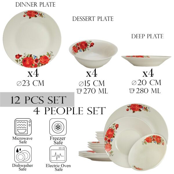 Dinnerware Set, 12 pieces, for 4 people, Cesiro, Ivory with red rose