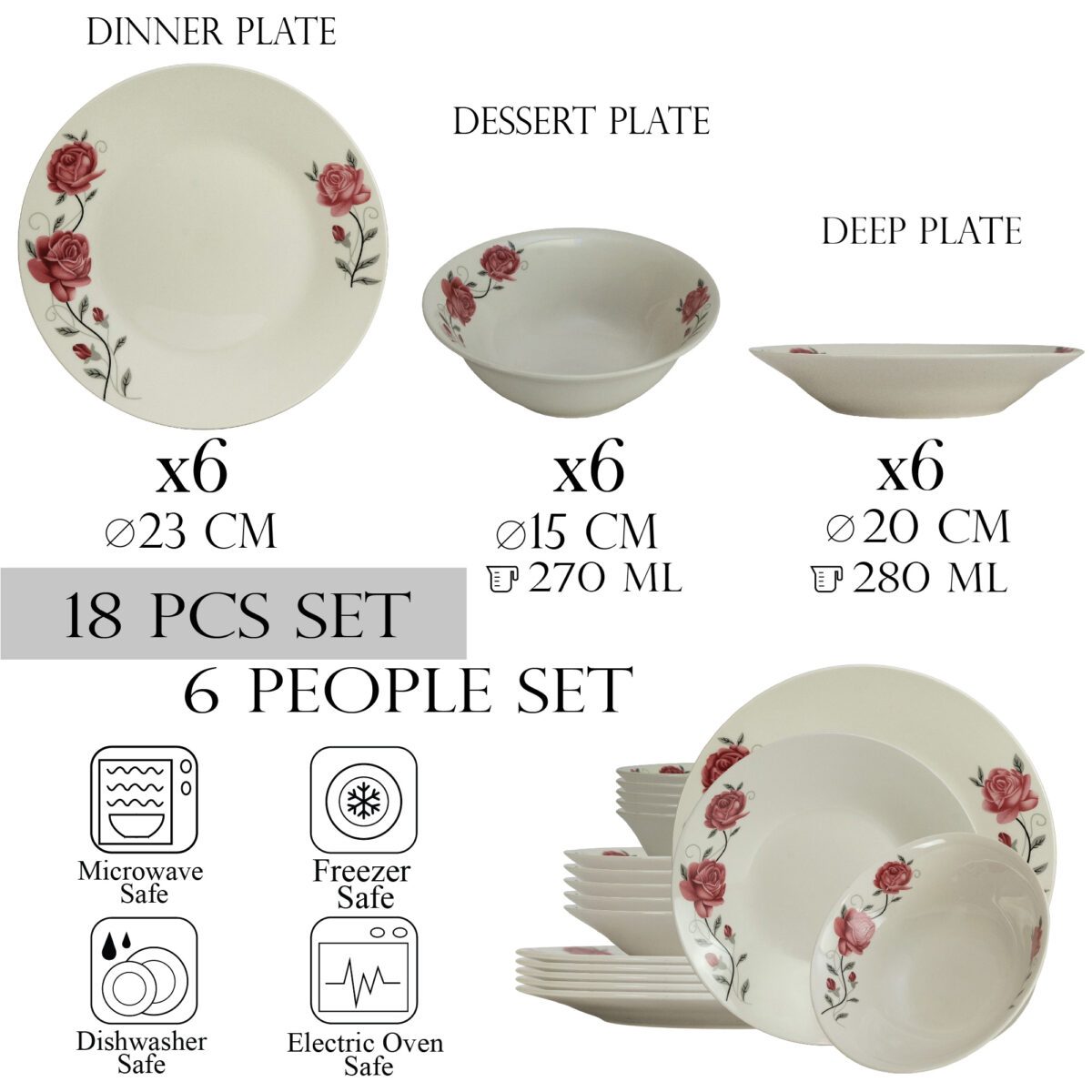Dinnerware Set, 18 pieces, for 6 people, Cesiro, Ivory with pink rose