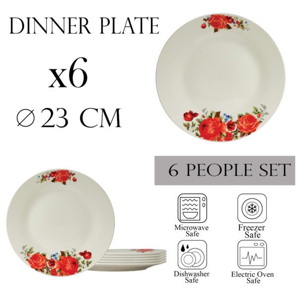 Set of 6 dinner plates, 23 cm, for 6 people, Cesiro, Ivory with red rose