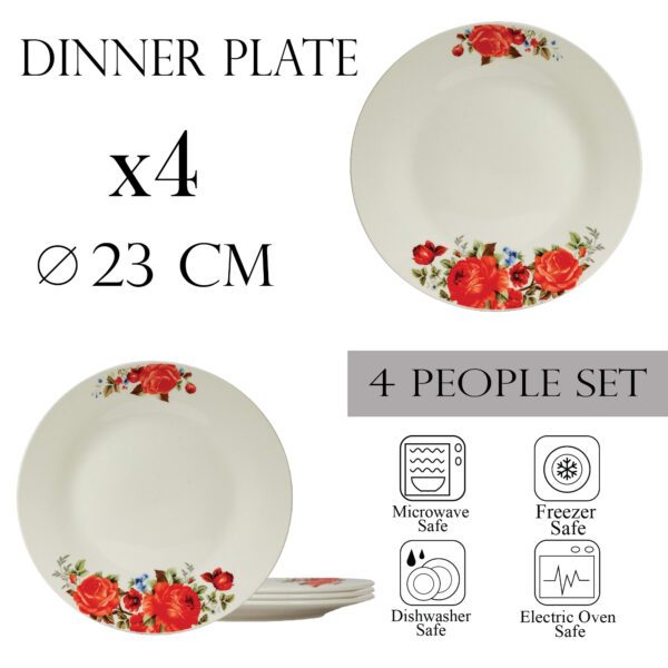 Set of 4 dinner plates, 23 cm, for 4 people, Cesiro, Ivory with red rose