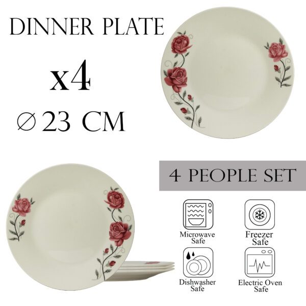 Set of 4 dinner plates, 23 cm, for 4 people, Cesiro, Ivory with pink rose