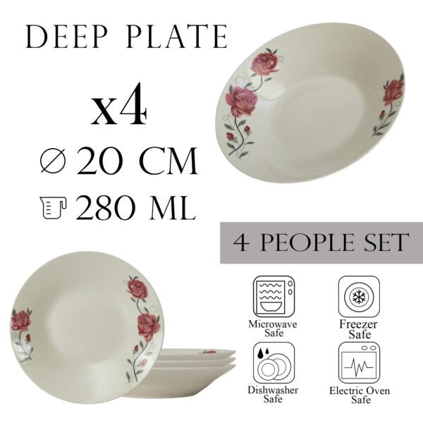 Set of 4 deep plates, 20 cm x 280 ml, for 4 people, Cesiro, Ivory with pink rose