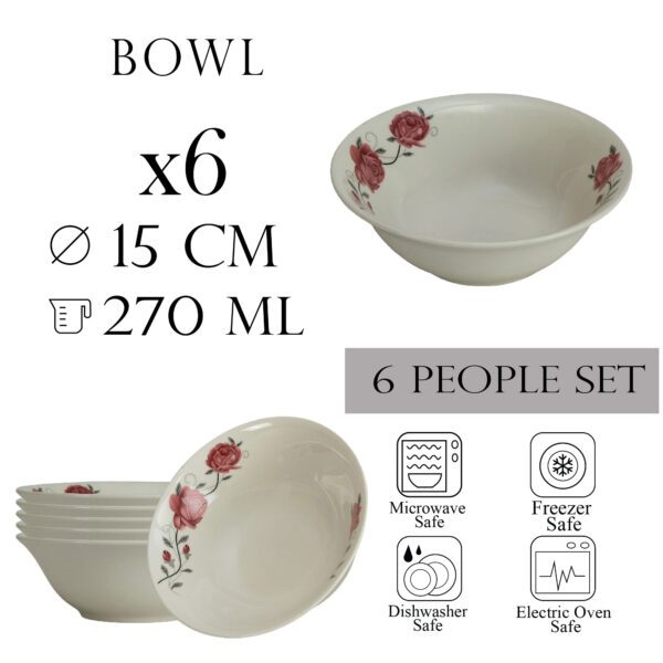Set of 6 bowls, 15 cm x 270 ml, for 6 people, Cesiro, Ivory with pink rose