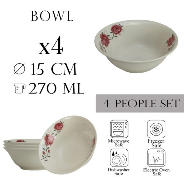 Set of 4 bowls, 15 cm x 270 ml, for 4 people, Cesiro, Ivory with pink rose
