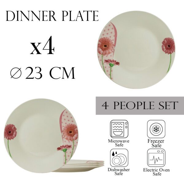 Set of 4 dinner plates, 23 cm, for 4 people, Cesiro, Ivory with daisy