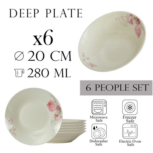 Set of 6 deep plates, 20 cm x 280 ml, for 6 people, Cesiro, Ivory with orchid