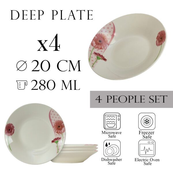 Set of 4 deep plates, 20 cm x 280 ml, for 4 people, Cesiro, Ivory with daisy