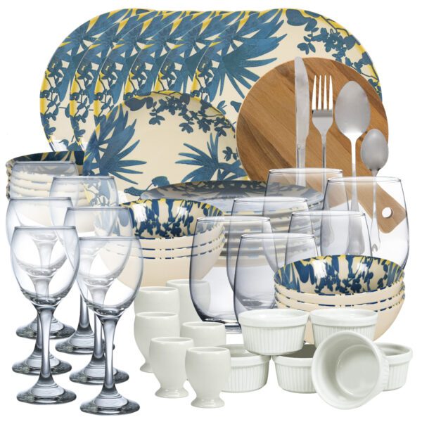 Kitchen set, Cesiro, for 6 people, 73 pieces, Ivory White with blue leaves