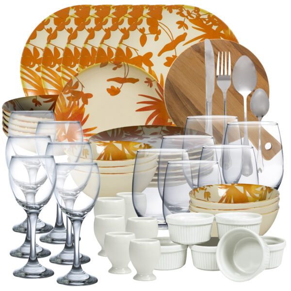 Kitchen set, Cesiro, for 6 people, 73 pieces, Ivory White with orange leaves